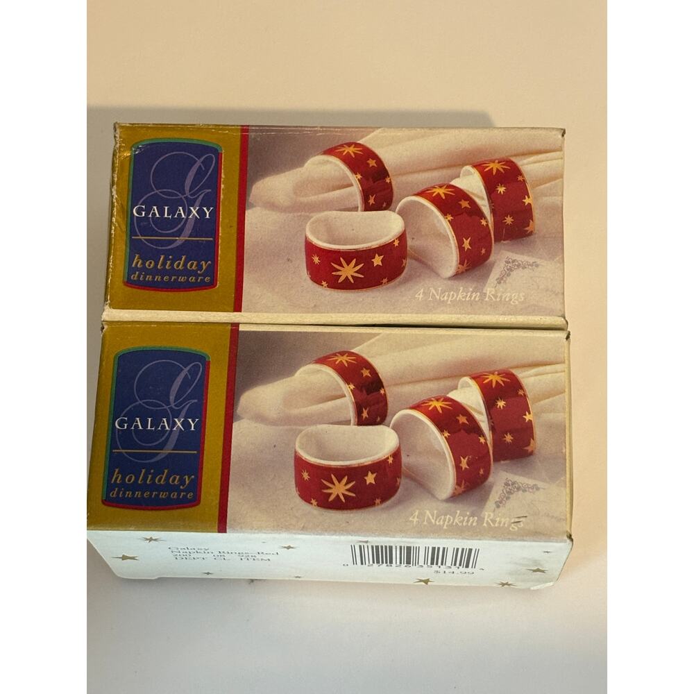 8 Sakura GALAXY Red Napkin Rings Gold Stars Holiday Dinnerware. Never Used!